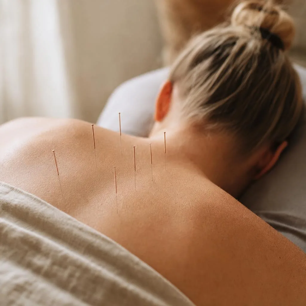 Upper back meridian needling detail for trapezius and rhomboid trigger points from desk work