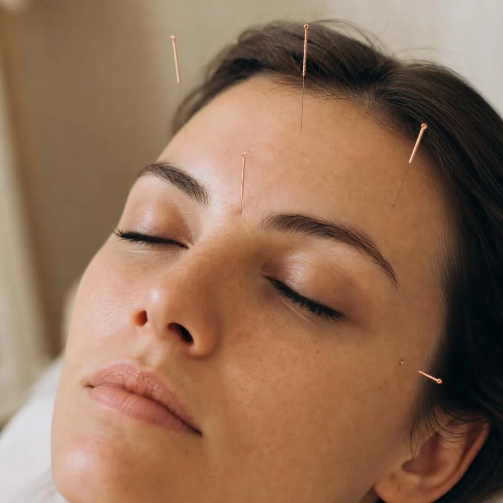 Close-up of fine facial acupuncture needles placed along the jawline and cheek