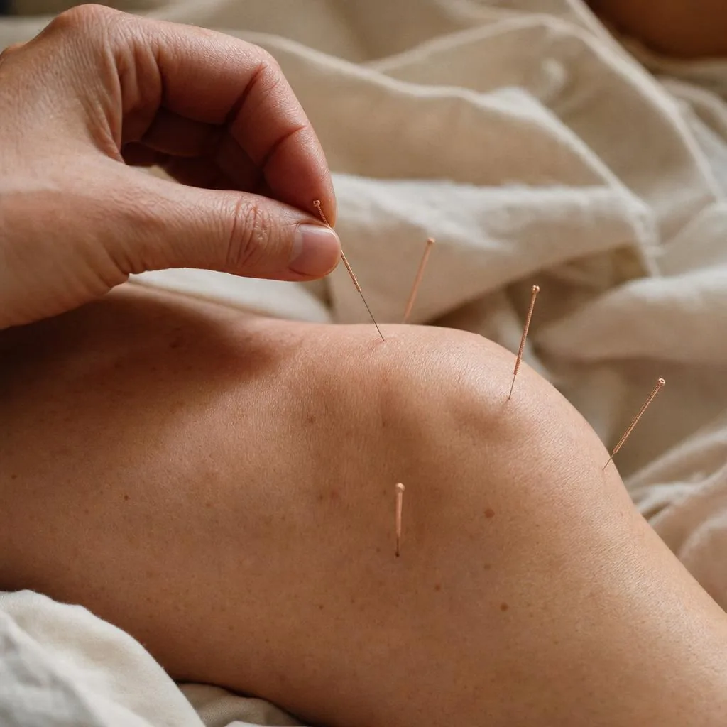 Knee needle insertion detail, practitioner's hand guiding placement for joint pain