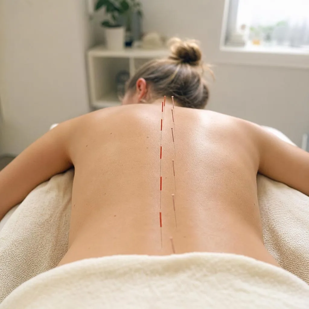 Needle placement along the lumbar spine where the sciatic nerve root becomes compressed