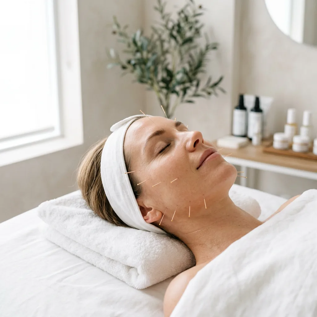 Cosmetic facial acupuncture in progress using the Mei Zen protocol at our Manhattan clinic