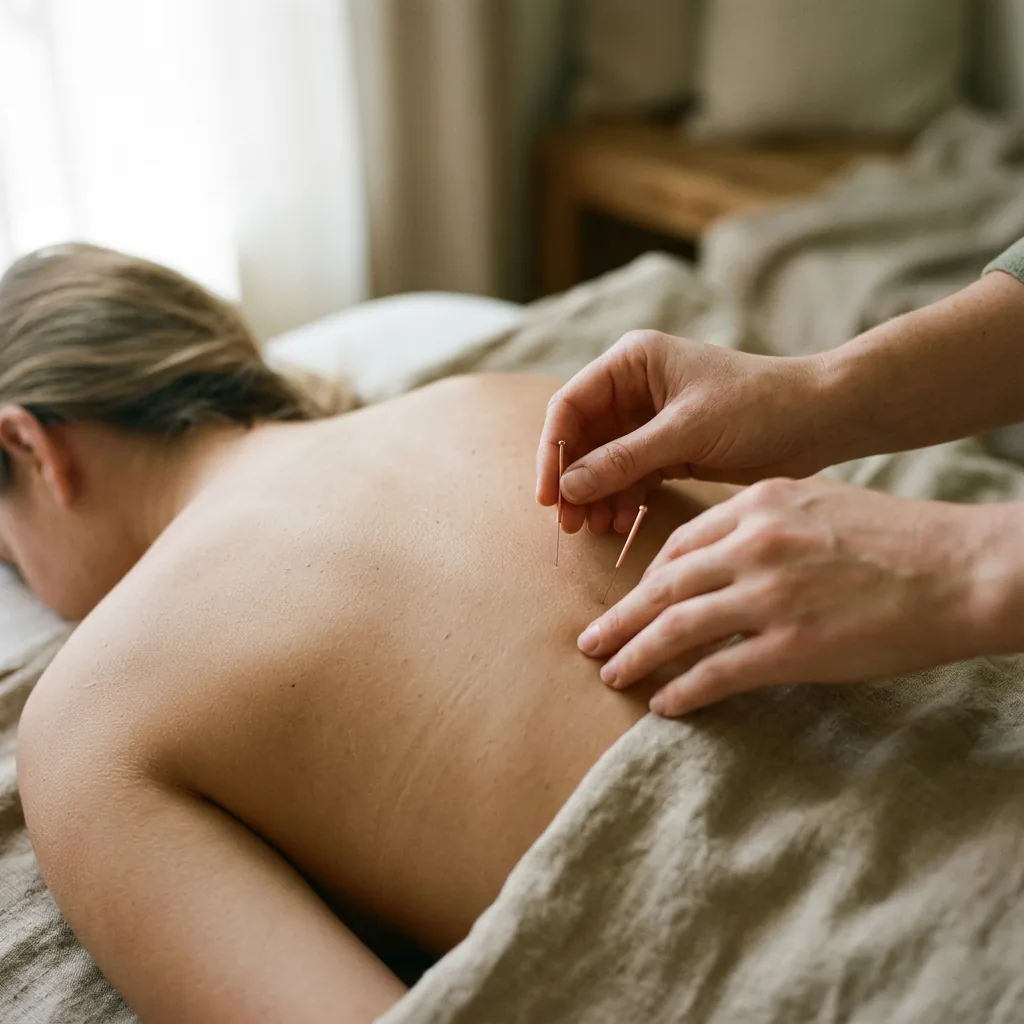Acupuncture needles placed along meridian points during a treatment at our Manhattan clinic