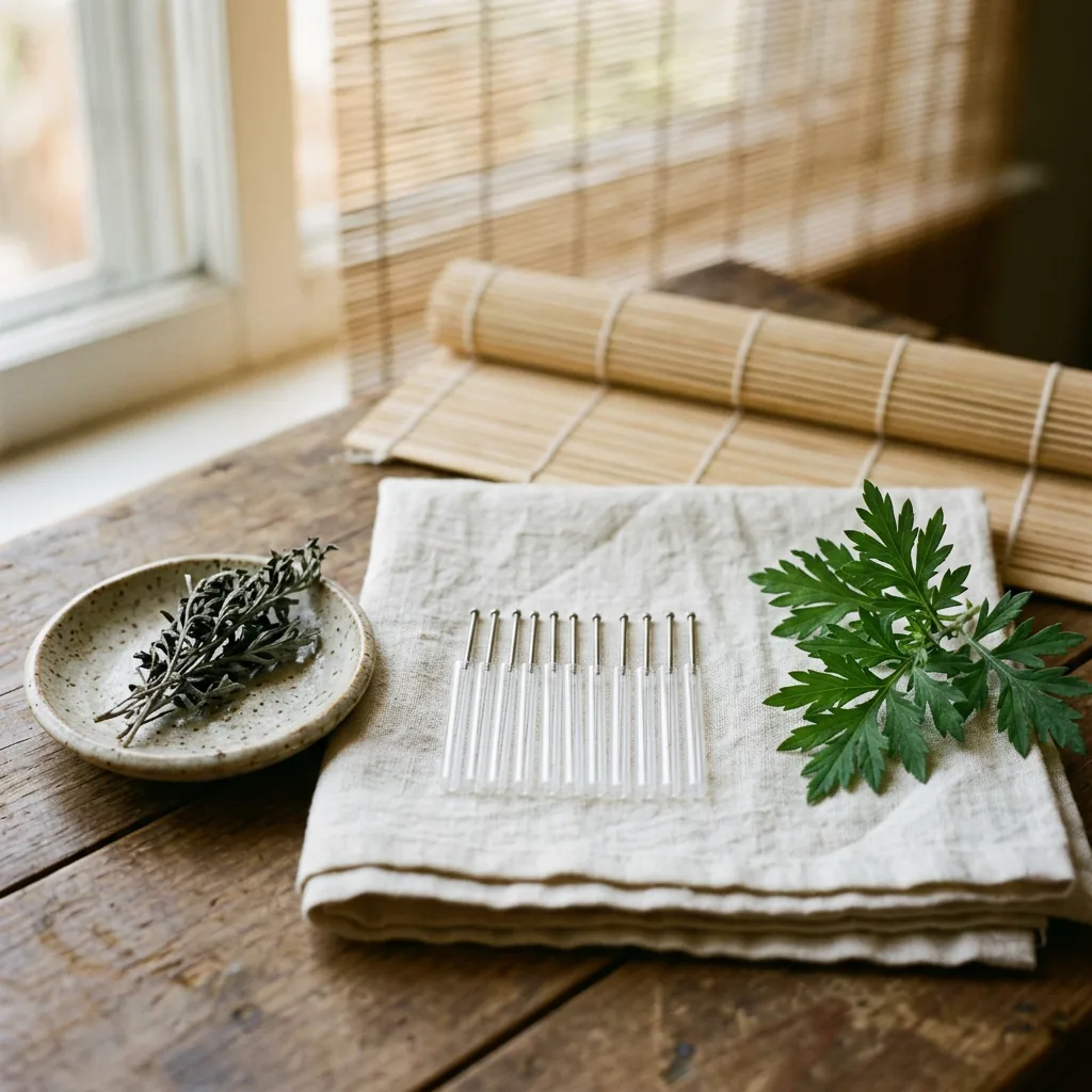 Mugwort and linen prepared for moxibustion alongside acupuncture treatment
