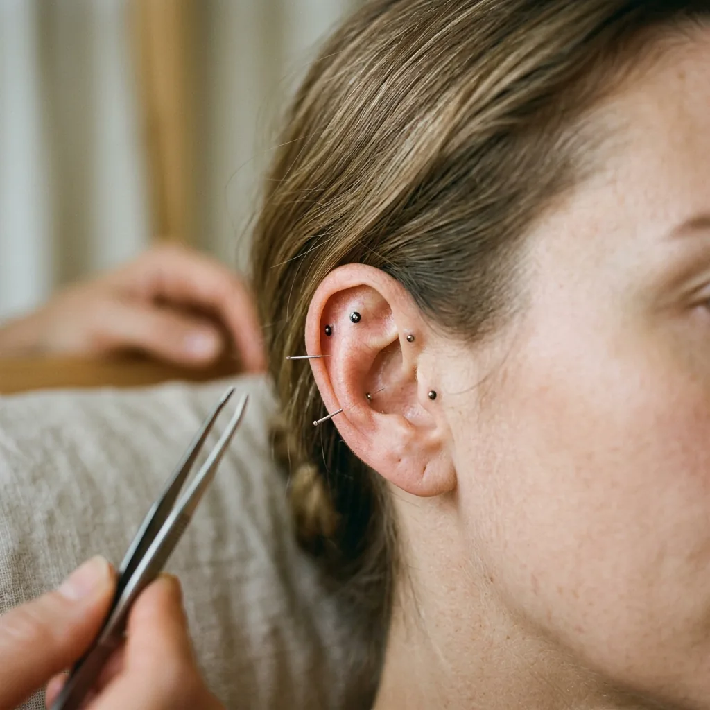 Auricular acupuncture points mapped across the outer ear during a short lunchtime session