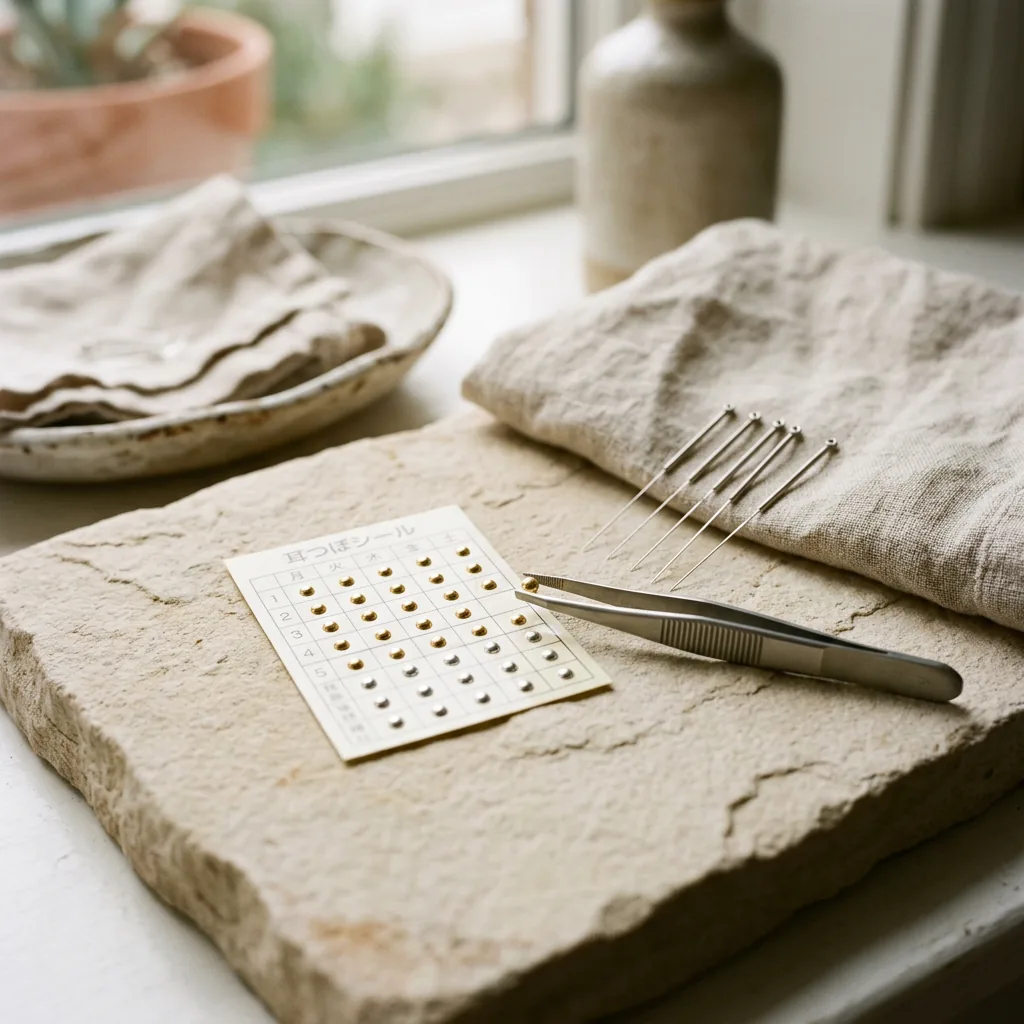 Ear seed application tools laid out for take-home auricular therapy between visits