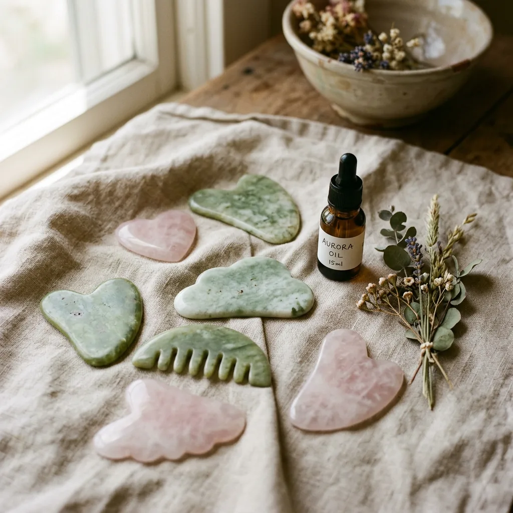 Stone gua sha tools laid out on the apothecary counter beside the treatment rooms