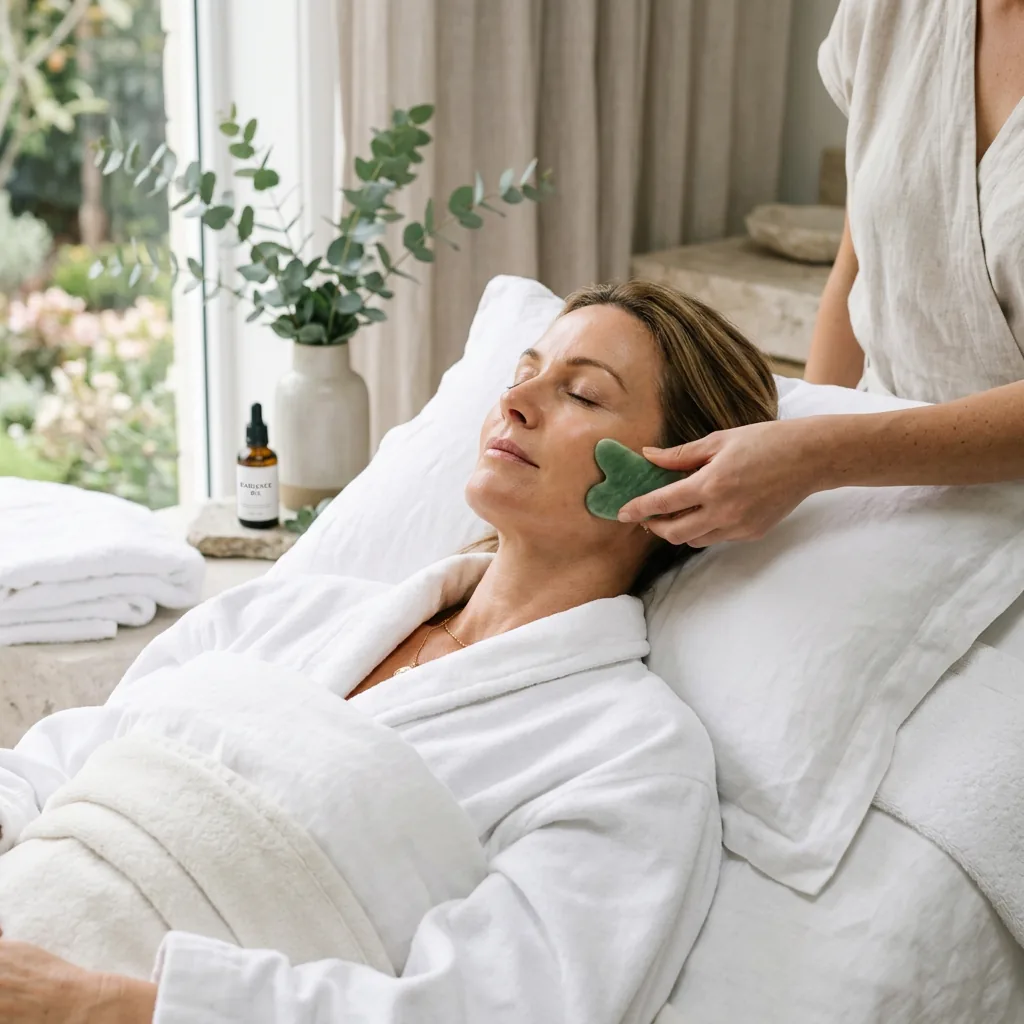 Gua sha lifting work used alongside facial acupuncture to finish a rejuvenation session