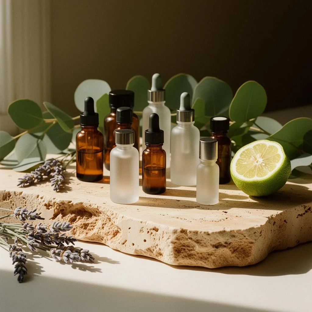 Botanical essential oils laid out for the pre-massage consultation at our NYC clinic