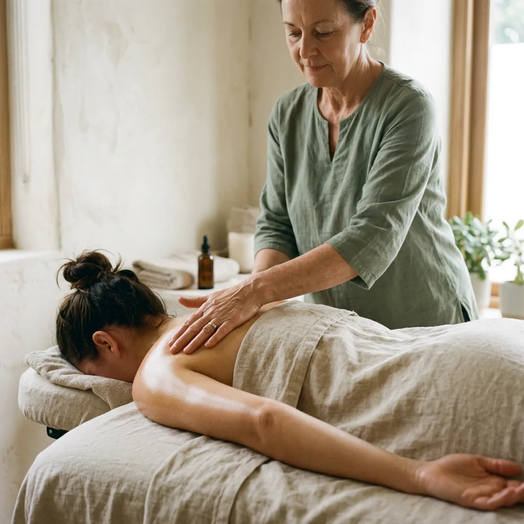 Light rhythmic lymphatic drainage strokes along the leg at our Manhattan treatment room