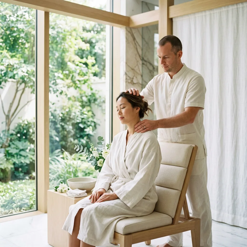 Seated neck and scalp tui na used at the end of a treatment for desk-worker tension
