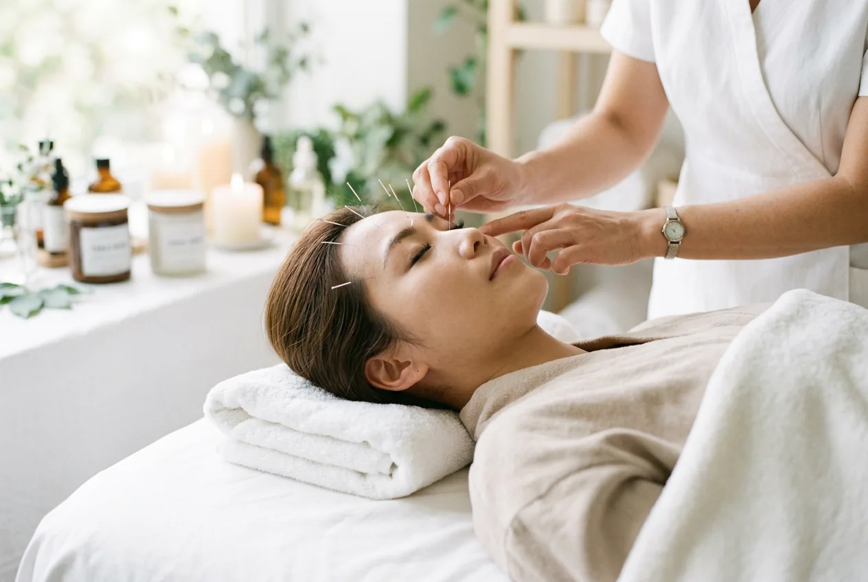 Soft-light acupuncture treatment room prepared for a first consultation in Midtown Manhattan