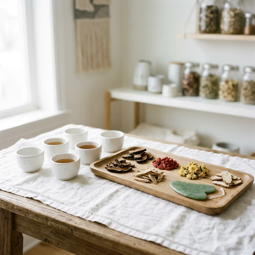 Herbal tea and traditional tools arranged in the consultation room at 408 W 57th Street